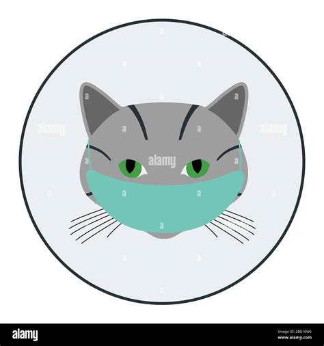 Grey Cats Avatar With Green Medical Mask In The Circle Cartoon Style
