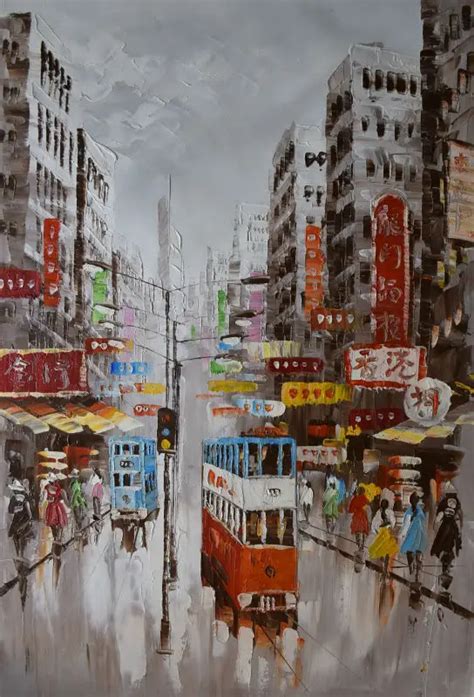 Hand Painted Oil Painting On Canvas Abstract Hong Kong Trams Street