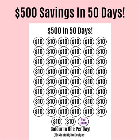 500 Money Saving Challenge Printable Save 500 In 50 Days Savings