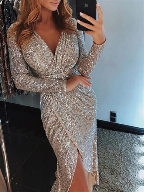 Sexy Club Wear Party Dress Womens Sequined Bodycon Deep V Neck High