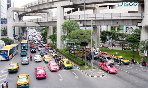 Busy Bangkok Traffic On Phaya Thai Road With The Skytrain Track