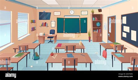 Classroom Interior School Or College Room With Desks Chalkboard Teacher Items For Lesson Vector