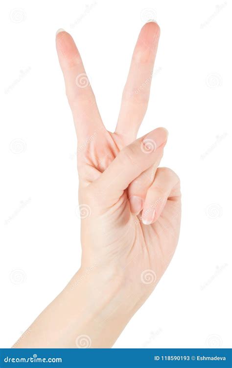 Woman Hand Showing Victory Gesture Isolated With Clipping Path Stock