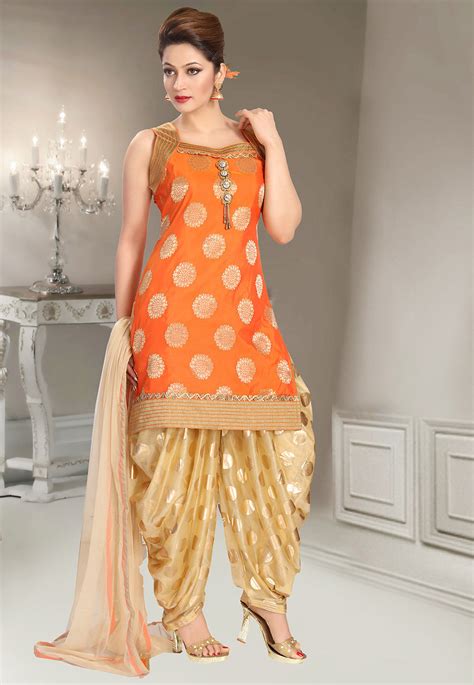 Woven Art Silk Jacquard Punjabi Suit In Orange Kumt120