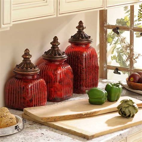 Red Glass Canister Set Of 3 Red Kitchen Canisters Red Kitchen Decor
