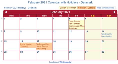 Print Friendly February 2021 Denmark Calendar For Printing
