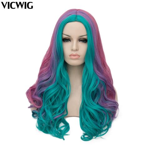 Women Cosplay Multicolor Stitching Gradient Wig Long Wig Curved Big