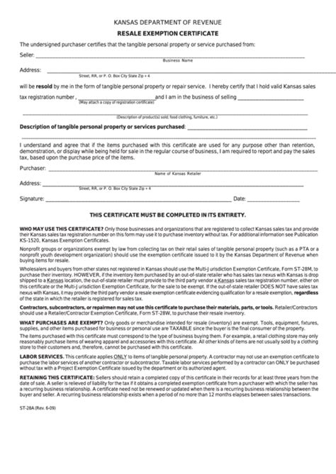 Fillable Form St 28a Resale Exemption Certificate 2009 Printable