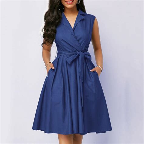 Best Quality Casual Women Dress Sleeveless Notched Navy Blue Dress