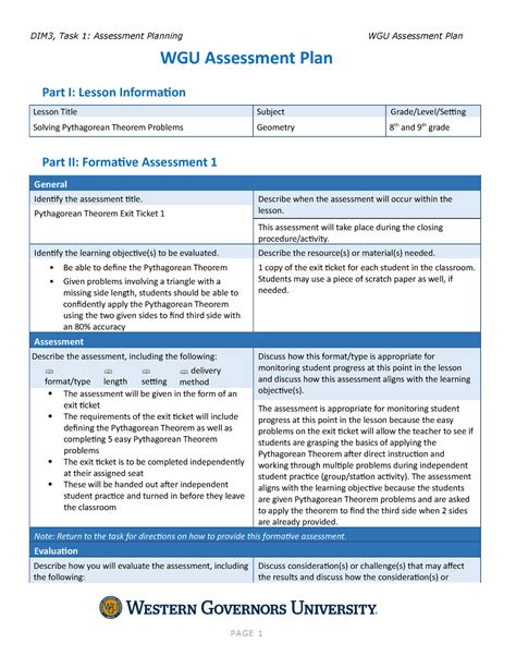 D093 Task 1 Assessment Plan Wgu Assessment Plan Part I Lesson