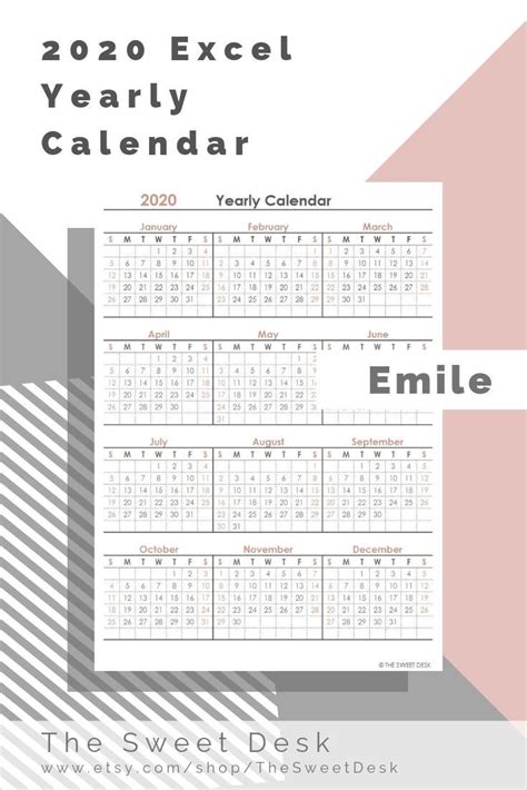 Editable Yearly Calendar 2020 Excel Template Printable Etsy Excel
