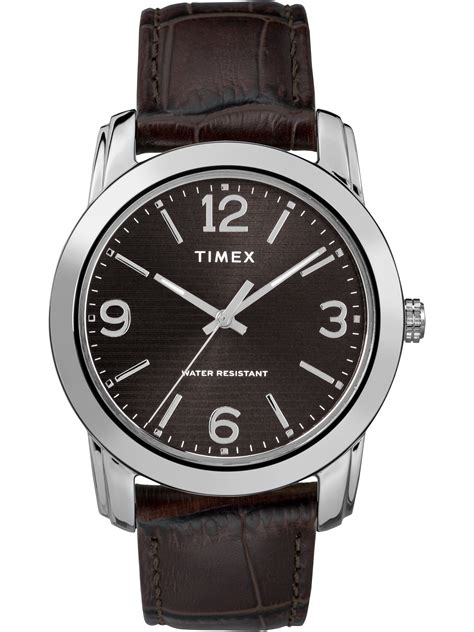 Timex Mens Basics 39mm Blacksilver Tone Watch Brown Leather Strap