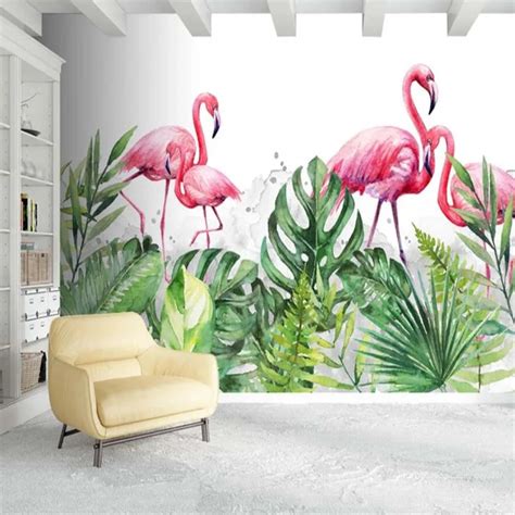 3d Flamingos Tropical Wallpaper Wall Mural Decals For Living Room Hand