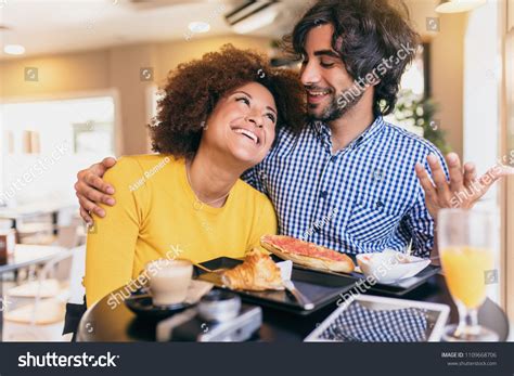 Young Cool Couple Having Breakfast Cafe Stock Photo 1109668706