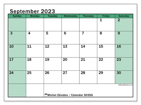 September 2023 Printable Calendar “503ss” Michel Zbinden Uk