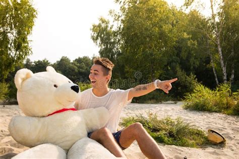 Guy With A Big Teddy Bear Stock Image Image Of Bear 58000197