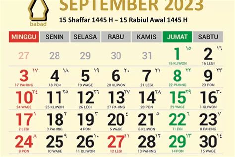 Kalender Jawa September 2023 Lengkap Dengan Weton Dan Hari Libur