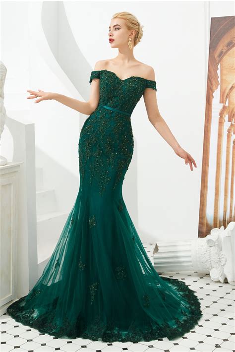 Off Shoulder Mermaid Dark Green Prom Dress With Beadinglace Green