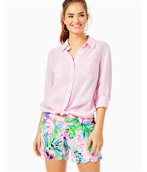 Lilly Pulitzer Sea View Linen Button Down Top In Urchin Pink X Resort