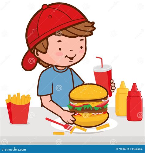 Boy Eating A Hamburger At A Restaurant Vector Illustration Stock