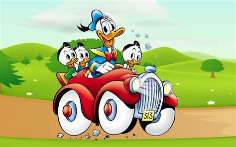 Donald Duck Cartoon Image Driving Car Country Road Desktop