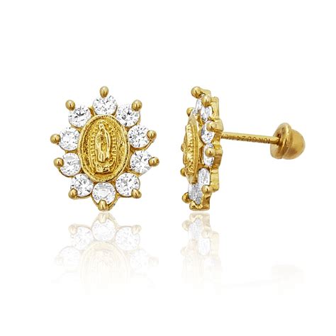 Decadence 14k Yellow Solid Gold Religious Stud Earrings Virgin Mary