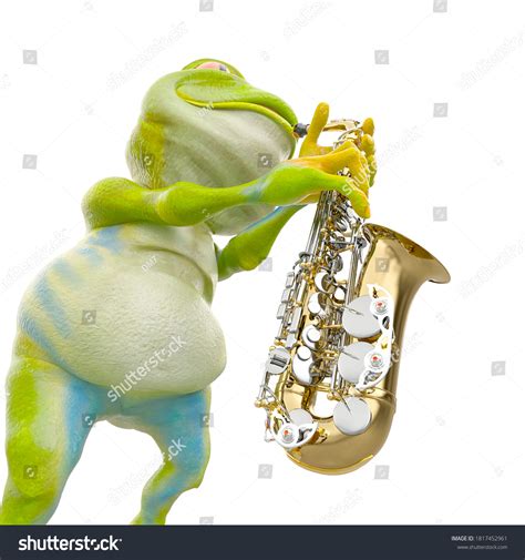 Little Frog Cartoon Playing Saxophone Close Stock Illustration