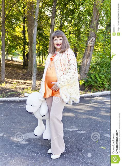 Pregnant Woman With Big White Toy Bear Stock Image Image Of Hair