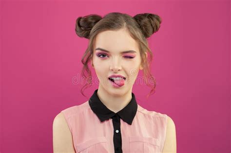 Nice Funny Model Woman With Fashion Makeup On Bright Pink Background