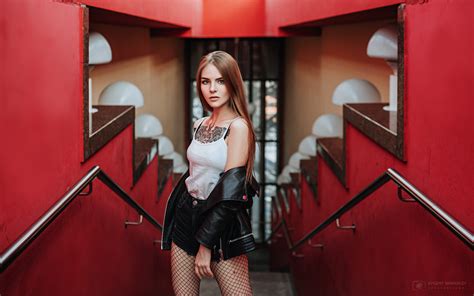 Vasilisa Sarovskaya Brunette Face Model Leather Jackets Women Long Hair Evgeny Markalev