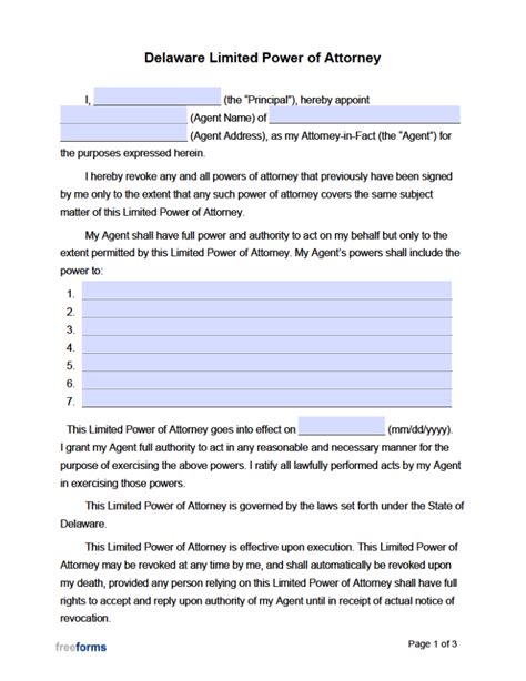 Free Delaware Limited Special Power Of Attorney Form Pdf Word