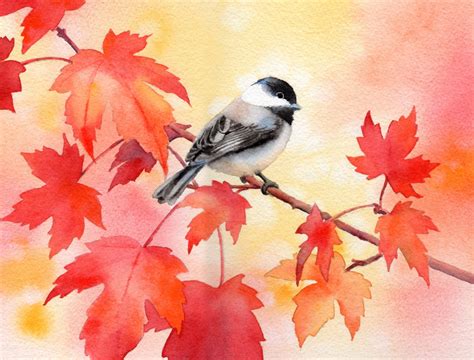 Autumn Chickadee Watercolor 8x8