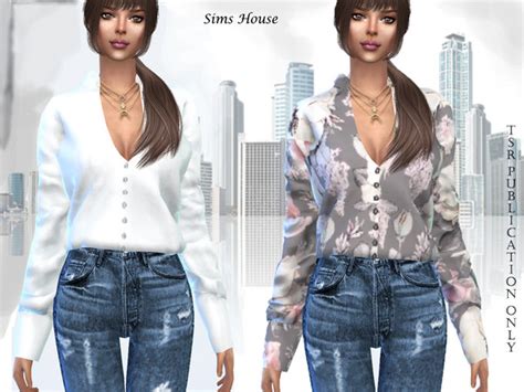 Womens Blouse With Print And Long Sleeve By Sims House At Tsr Sims 4