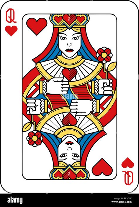 Playing Card Queen Of Hearts Yellow Red Blue Black Stock Vector Image