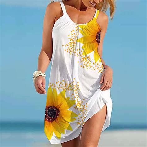 Sunflower Floral Print Mini Midi Dress Women Fashion Summer Sexy Beach Dress Bohemian Sleeveless