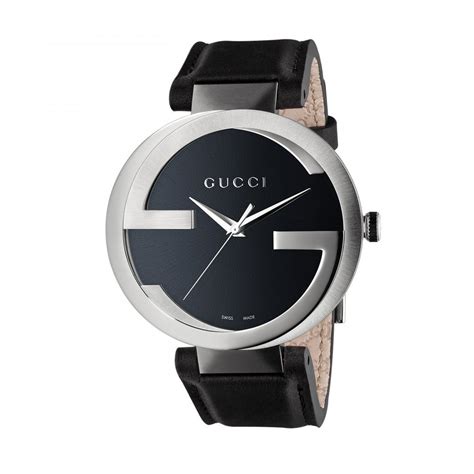 Ladies Gucci Interlocking G Black Dial Black Leather Strap Watch