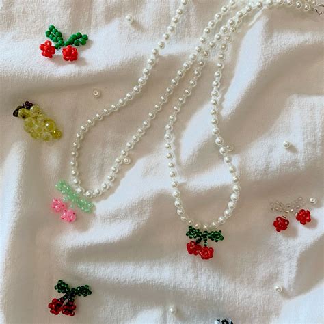 Jelly Fresh Pearl Cherry Necklaces On Depop Beaded Jewelry Diy