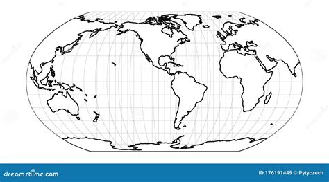 World Map In Robinson Projection With Meridians And Parallels Grid