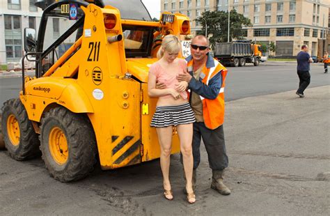 Shameless Blonde Gives Touch Her Tits To Worker At Public Square