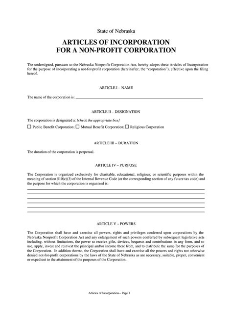 Nebraska Articles Of Incorporation For Domestic Profit Corporation