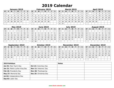 2019 Yearly Calendar With Holidays Printable