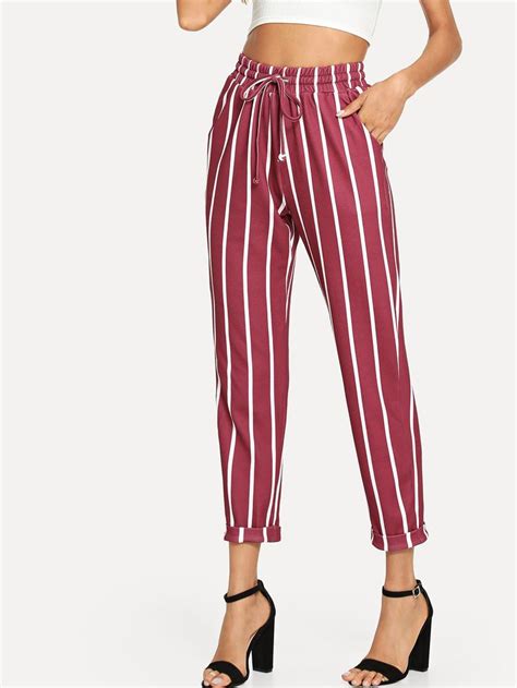Drawstring Waist Striped Tapered Pants Shein Sheinside Tapered