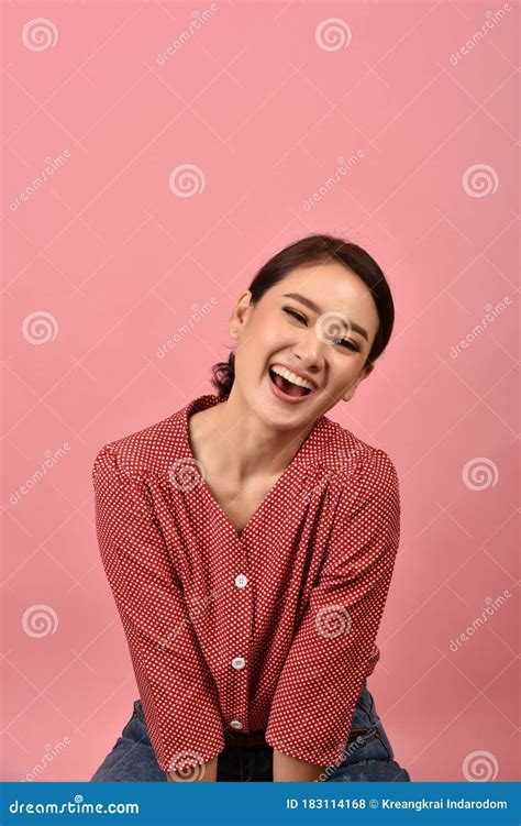Asian Woman Laughing And Enjoy On Pink Background Portrait Of Happy