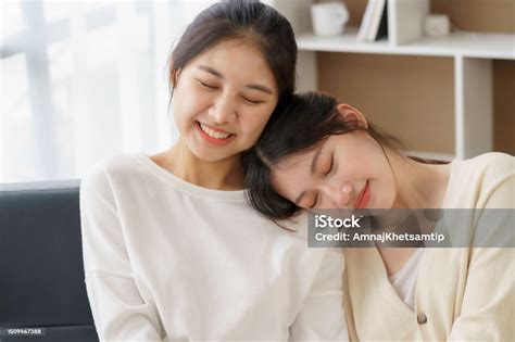 Happy Lgbtq Asian Lesbian Couple Two Asian Girls Show Their Love By Cuddling And Having Romance