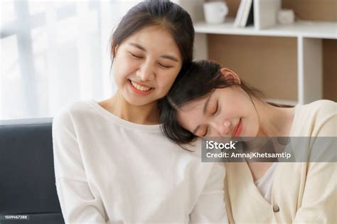 Happy Lgbtq Asian Lesbian Couple Two Asian Girls Show Their Love By