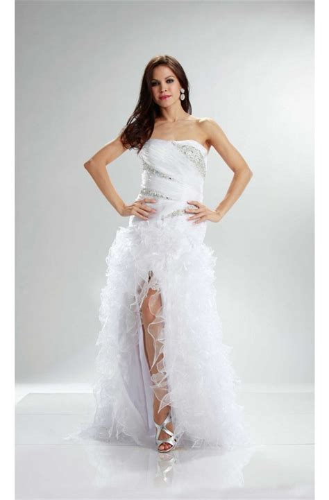 Princess Strapless High Low White Organza Ruffle Beaded Prom Dress