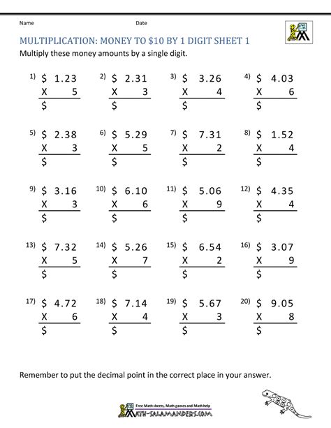 Math Worksheets For Fifth Graders Multiplication 3 Digits Money By 1