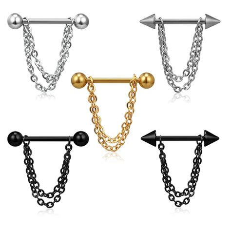 2pcs pierced nipple breast rings nail barbell steel chain 51 off