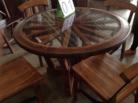 Square glass top bar table. Handcrafted reclaimed wagon wheel teak wood dining table ...