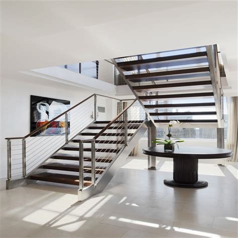 Modern Stair Glass Railing Led Light Floating Straight Stairs Wood